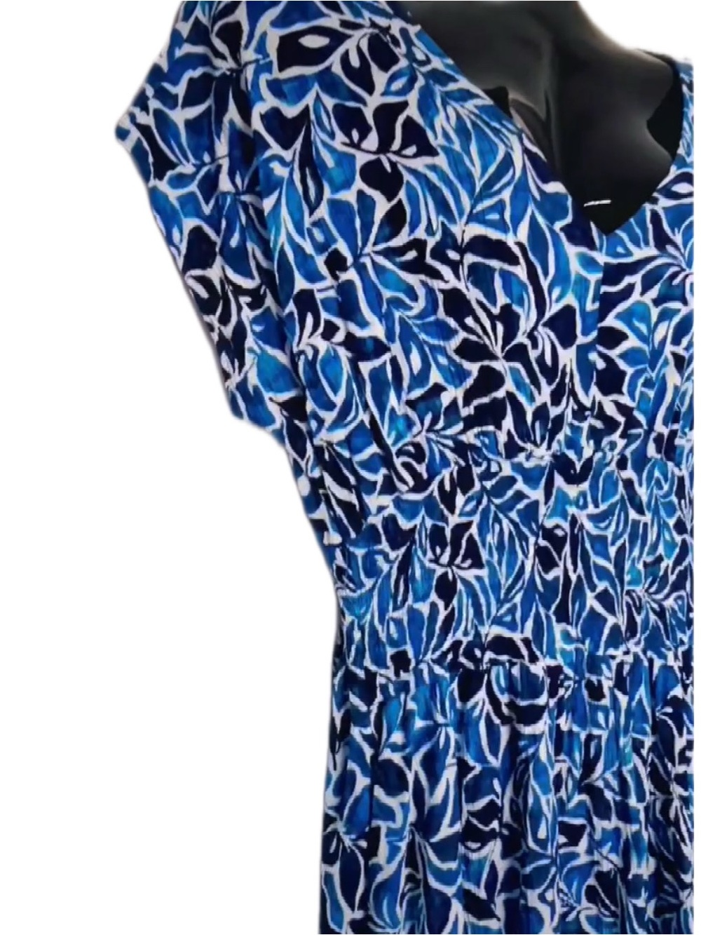 Blue Floral Print Women's Dress - Elegant V-Neck - Picture 3 of 14